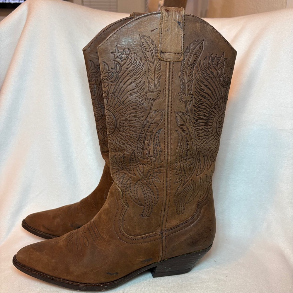 Vintage Brown Leather Western Cowboy Boots Made in Spain Eagle Embroidery